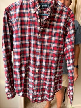 Ralph Lauren Red Plaid Button-Down Shirt with Blue & White Accents